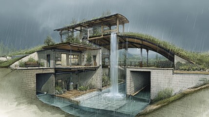 Innovative Eco-Friendly House Design with Green Roof and Modern Architecture in Rainy Weather