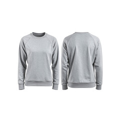 Two views of heather gray sweatshirt apparel mockup on transparent background