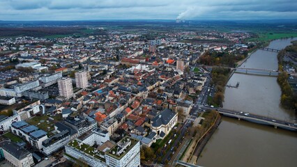 Aerial view of the city Thionville in France on a sunny autumn day 