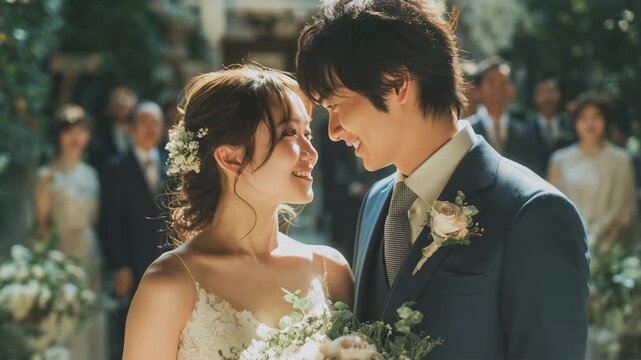 女性が和装を前に洋装でキスする幸せな瞬間