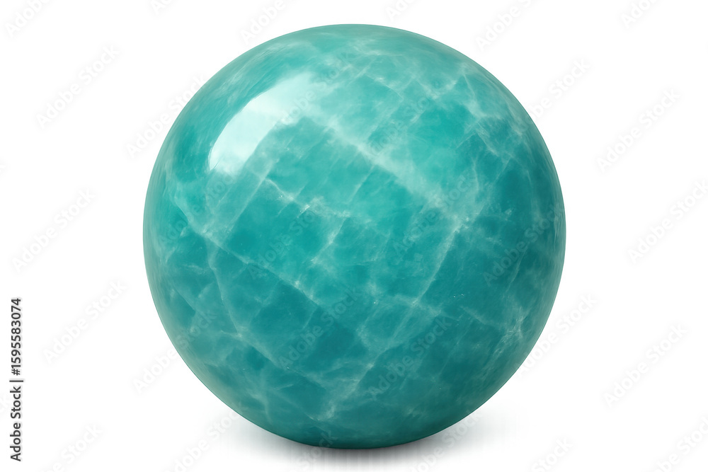 Poster polished amazonite sphere displaying intricate veining, set against transparent backdrop, highlighti