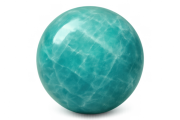 Polished amazonite sphere displaying intricate veining, set against transparent backdrop, highlighting natural stone elegance