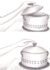 Illustration of a Hand Opening and Closing a Cooking Pot Lid on Stove