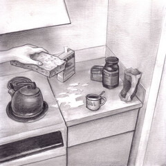 Drawing of Cleaning Up Kitchen Countertop Spilled Beverage with Sponge