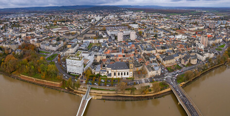 Aerial view of the city Thionville in France on a sunny autumn day 