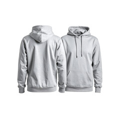 Two views of a gray hooded sweatshirt mockup on transparent background