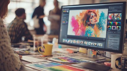 A woman working on an Oshkosh S4 with two monitors, editing colorful images in Adobe Photoshop,