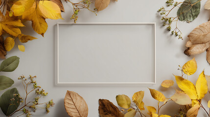 黄色や緑の落ち葉に囲まれた白いフレームの配置。明るく季節感のあるナチュラルな演出に適した俯瞰構図の素材。
