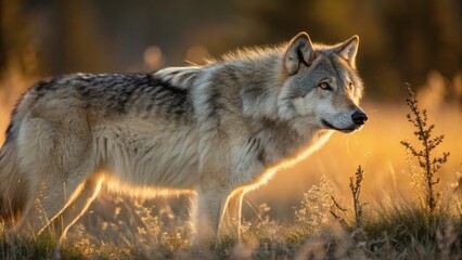 Fototapeta premium A wolf stands in the grass at sunset, silhouetted against the vibrant colors of the sky in Yellowstone National Park.