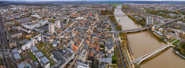 Aerial view of the city Thionville in France on a sunny autumn day 