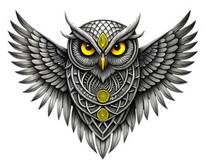 Intricate and detailed ornamental owl with spread wings and piercing yellow eyes isolated on transparent background
