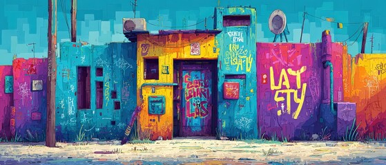 Vibrant Graffiti Art on Colorful Buildings in Urban Landscape with Street Art and Unique Architecture