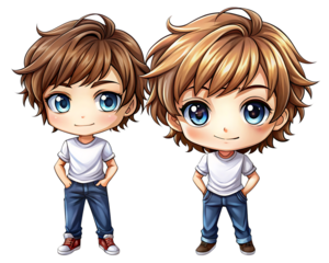 Two adorable chibi style anime boys with blue eyes and brown hair wearing casual t shirts and jeans standing together isolated on transparent background