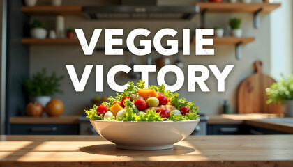Colorful salad bowl with fresh vegetables on wooden kitchen table - Concept of striking "Veggie Victory" text over a colorful salad bowl  