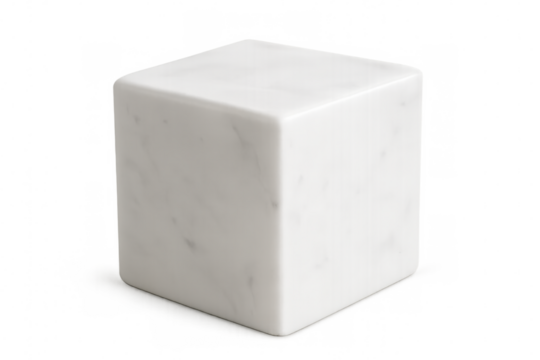 Realistic white marble cube isolated on transparent background, perfect for showcasing products or adding a touch of elegance to designs