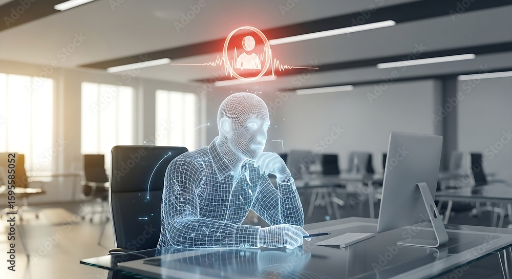 Poster a wireframe human figure uses a laptop and interacts with a glowing digital interface showcasing use