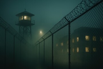 Modern correctional facility security bars with dramatic fog effects and institutional lighting creating powerful visual metaphor
