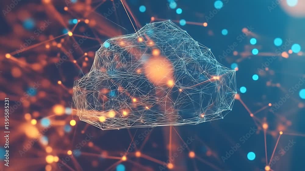 Poster abstract cloud computing illustration featuring a network of interconnected nodes. dynamic, vibrant,