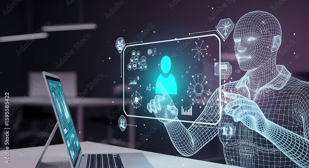 Poster a wireframe human figure uses a laptop and interacts with a glowing digital interface showcasing use