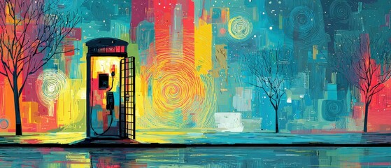 Vibrant abstract cityscape painting featuring a classic British phone booth with open door and bare trees in an urban landscape with colorful reflections