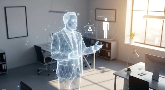 A holographic man in a suit gestures while standing in a modern office surrounded by abstract digital representations of people
