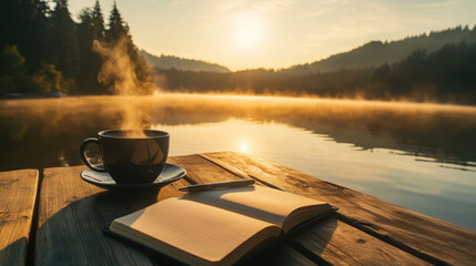 Misty Sunrise with Cup of Coffee