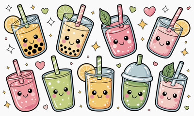 Adorable cartoon illustrations of various colorful bubble tea beverages with smiling faces, straws, and fruit garnishes.