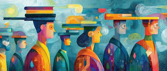 Colorful abstract illustration of diverse people with books on their heads, representing knowledge, education, and learning in a vibrant, artistic style