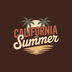 California summer vibes with palm trees, a logo design exuding sunshine and a beach aesthetic, perfect for vacation-themed graphics and apparel applications with a retro feel.
