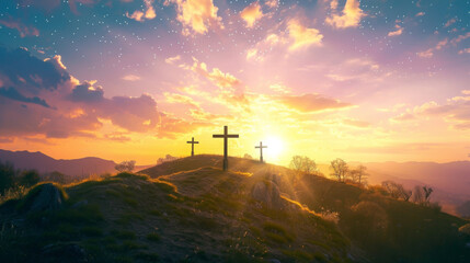 Crosses on a Hill at Dusk with Dramatic Sky