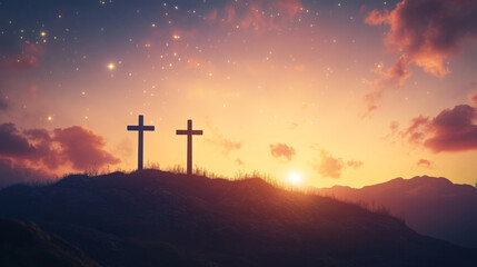 Three Crosses on Calvary Hill at Sunset