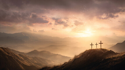 Three Crosses on Calvary Hill at Sunset