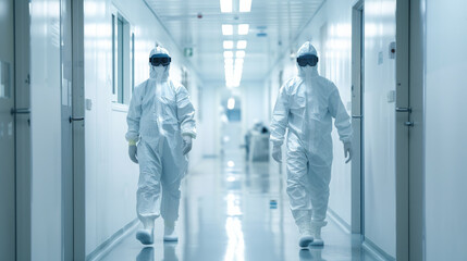 Cleanroom Corridor with Medical Staff in Hazmat