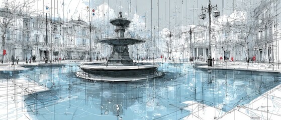 Artistic Sketch of Trafalgar Square Fountain in London, England with architectural details and urban scene Concept of travel, art, and city life
