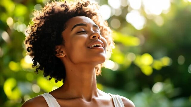 Peaceful Woman Breathing Deeply in Nature's Embrace
