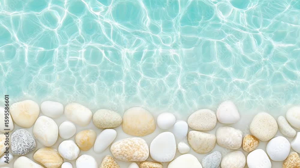 Poster smooth white and beige stones arranged along bottom edge with clear turquoise water surface showing 