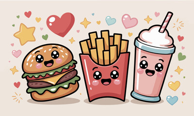 Cute cartoon fast food items, including a burger, fries, and milkshake, with expressive faces.