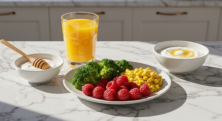 Healthy breakfast with fruit vegetables and orange juice