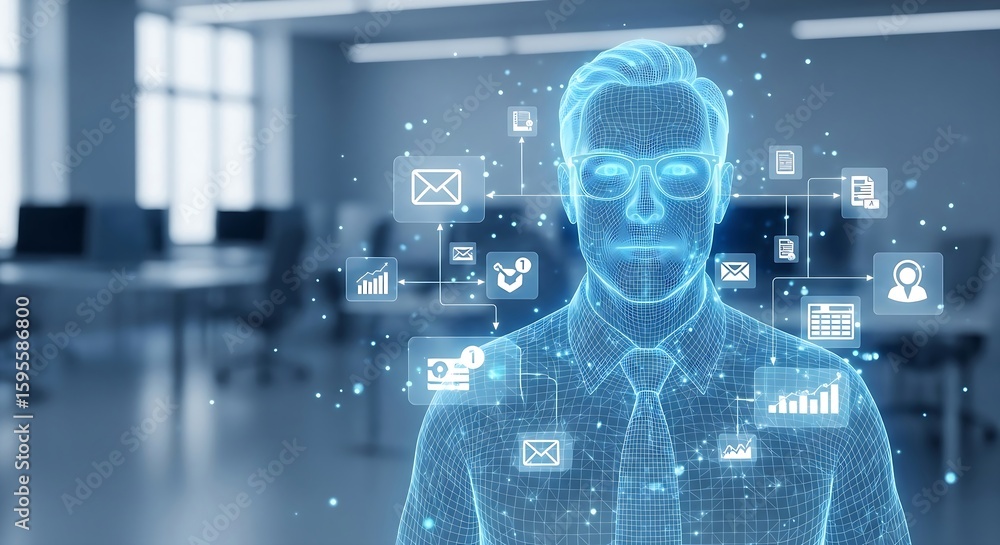 Aufkleber a businessman in a suit interacts with a holographic projection of digital icons and data streams in