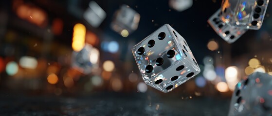 Transparent dice floating in the air with bokeh background, representing chance and risk in gambling or games of chance at night Concept of casino, luck, and probability