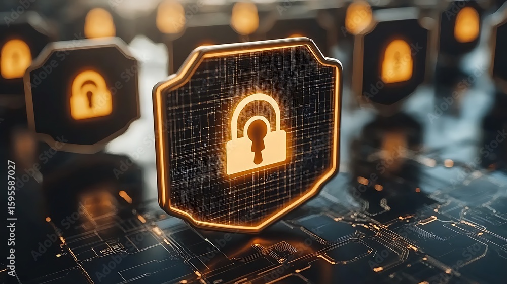 Poster digital security shields displayed on a circuit board.