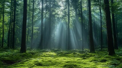 Enchanted forest with mist and sunbeams through trees calming nature scene with morning light - Powered by Adobe