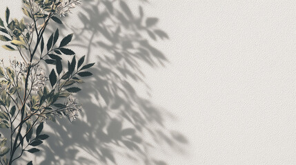 柔らかな自然光の中で壁に映る葉の影が印象的な構図。空間演出や背景素材として活用できるミニマルなビジュアル。
