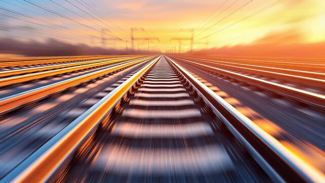 Dynamic railway track view with motion blur effect, showcasing multiple tracks converging toward horizon during sunset. Electrical transmission lines visible in background