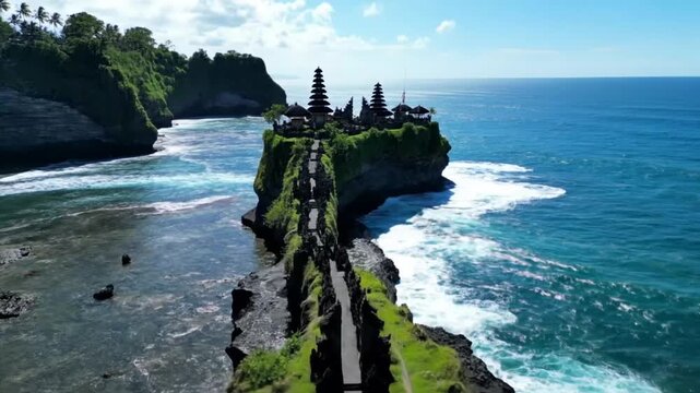 An aerial view of the iconic pura luhur uluwatu temple perched on a dramatic cliff overlooking the vast blue ocean in bali, indonesia