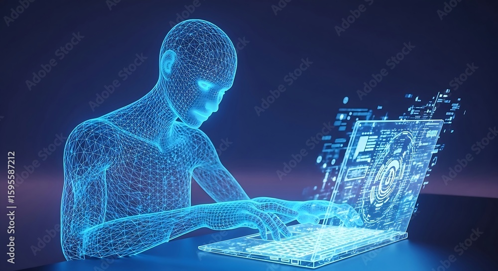 Poster a blue wireframe hologram of a woman intently types on a laptop with data streams emanating from the