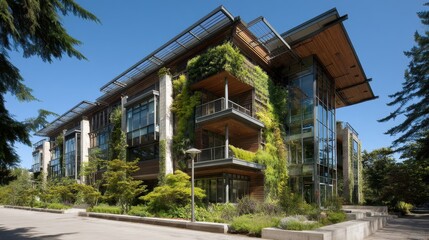 Modern Sustainable Office Building with Green Facade in Urban Setting