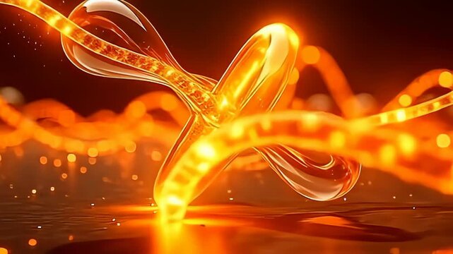 Experience a vibrant tableau where a molecule shifting shape like animated energy field morphs seamlessly into swirling ribbons of glowing lights, dynamically intertwining with each other