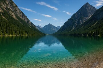 Pristine alpine lake Plansee surrounded by majestic mountain peaks and clear waters