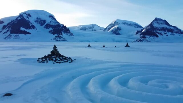 Serene antarctic landscape with stacked stone cairns and a zen circle etched into the snow, under a vast blue sky and majestic snowcapped mountains